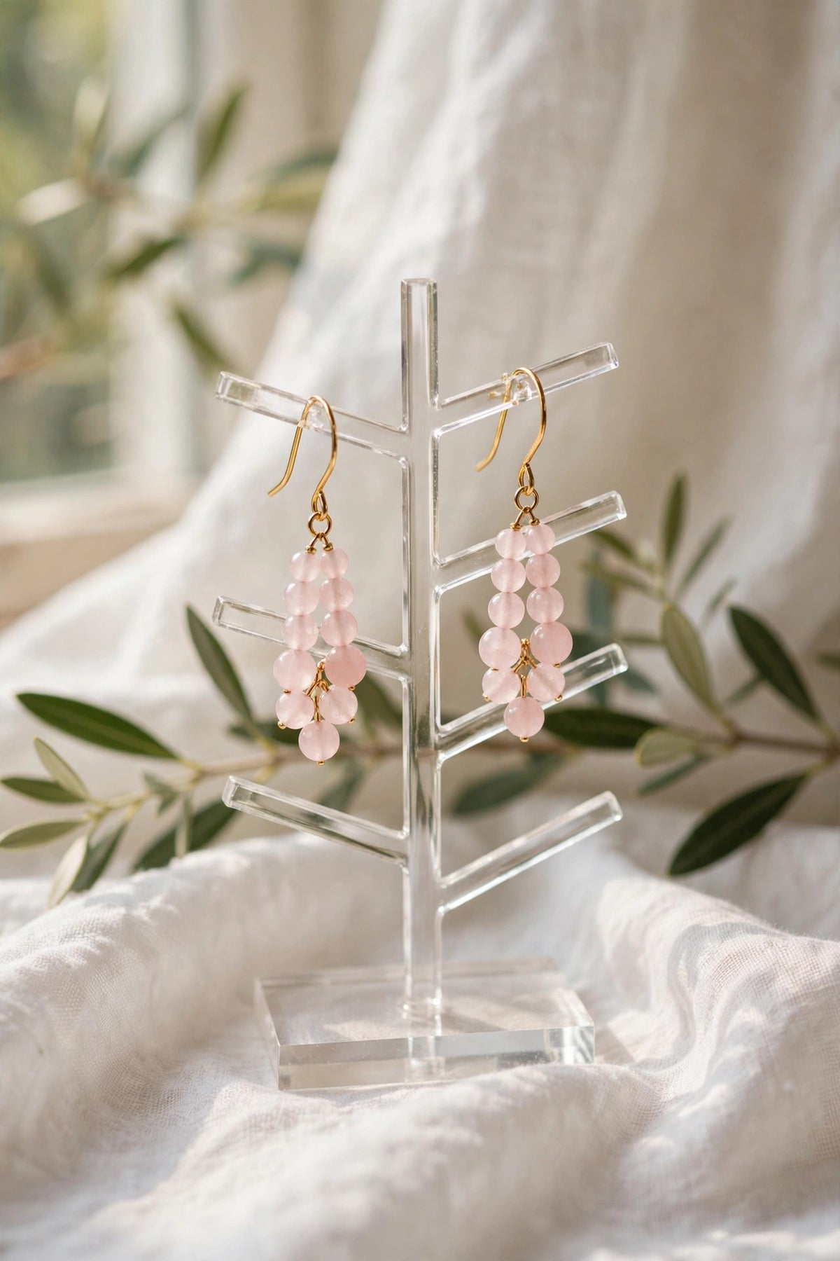 Blush Quartz Beaded Dangle Earrings – Exclusive (Only 1 Made)